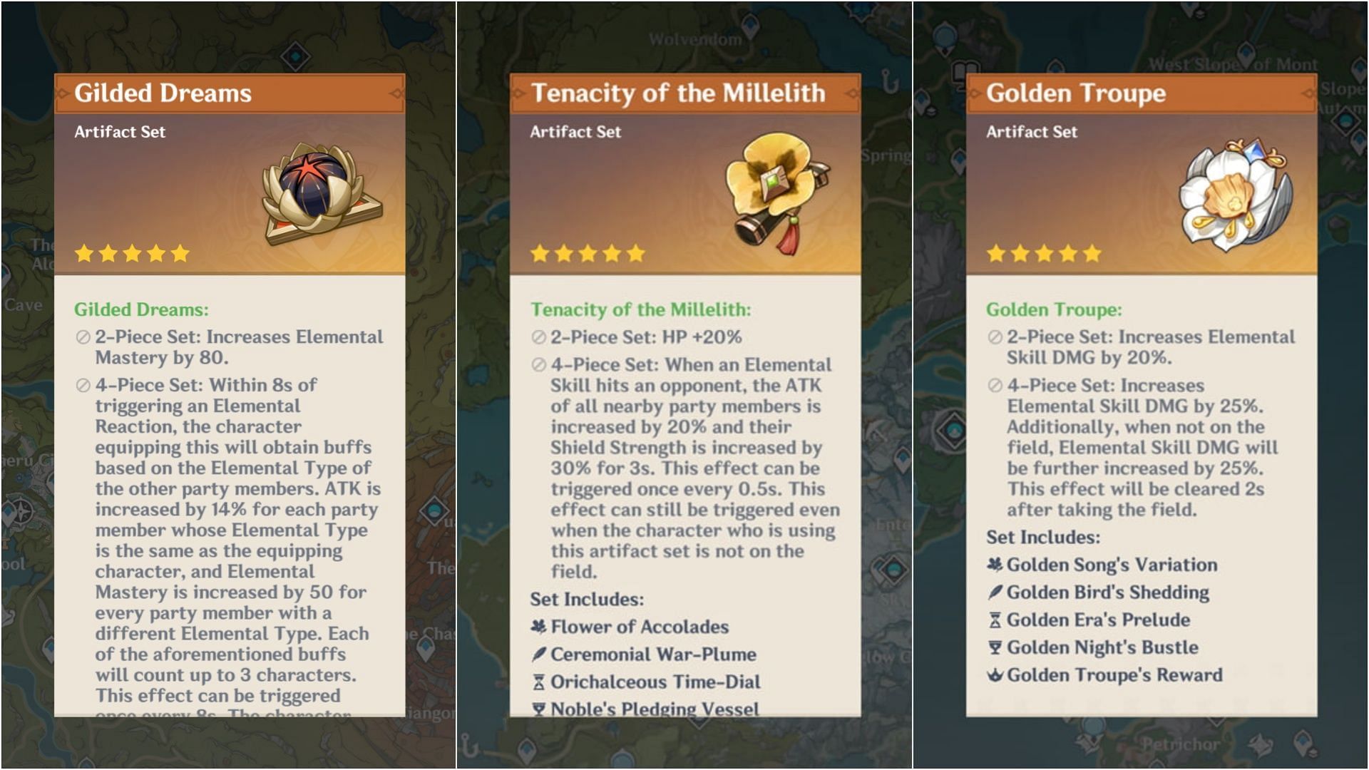 Gilded Dreams, Tenacity of Millelith, and Golden Troupe (Image via HoYoverse)